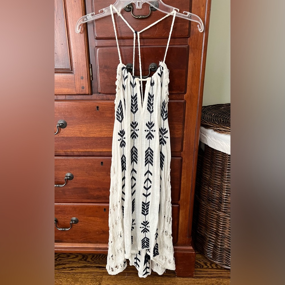 Free People Cream Tunic with Black Tribal Embroidery
